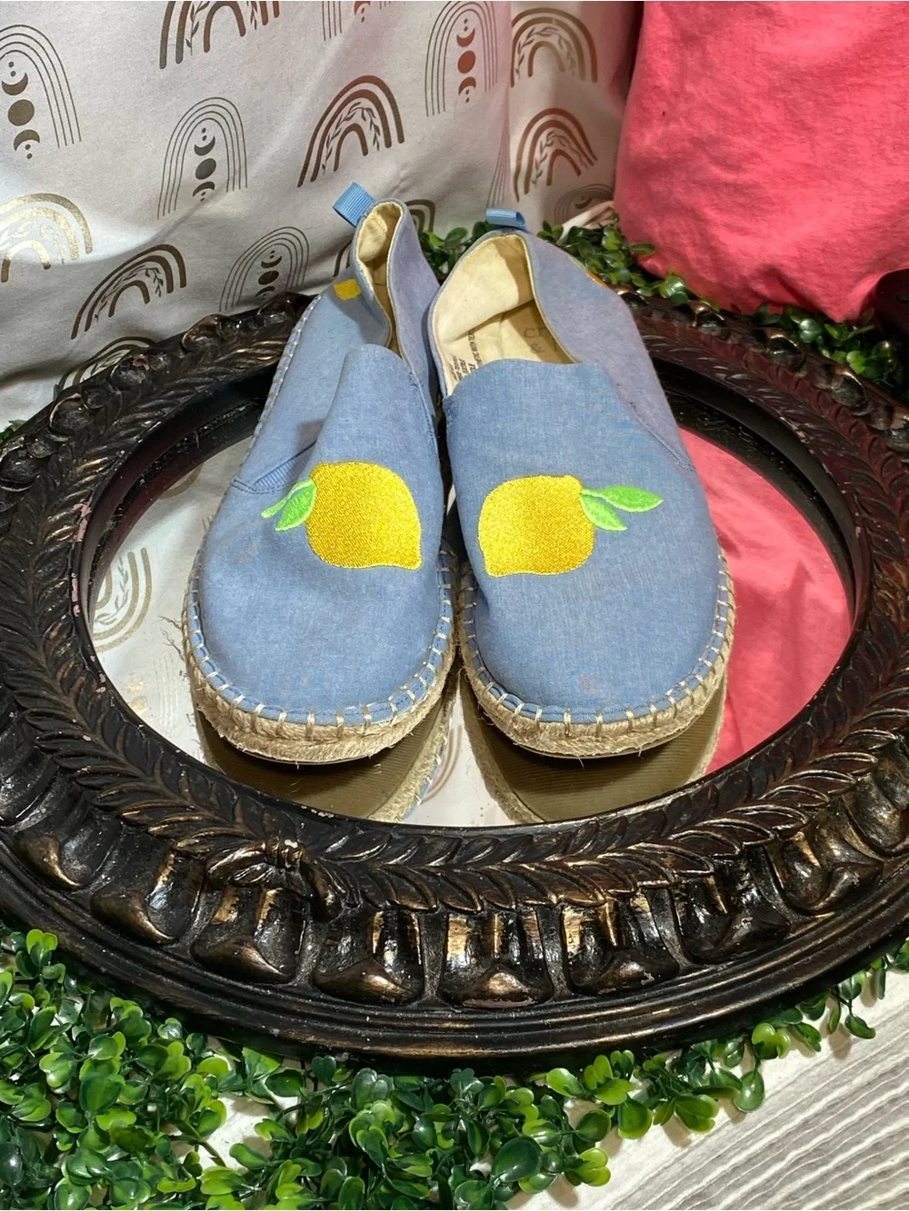 Blue Slip-On Espadrilles with Lemon Embroidery - Women Flats & Loafers